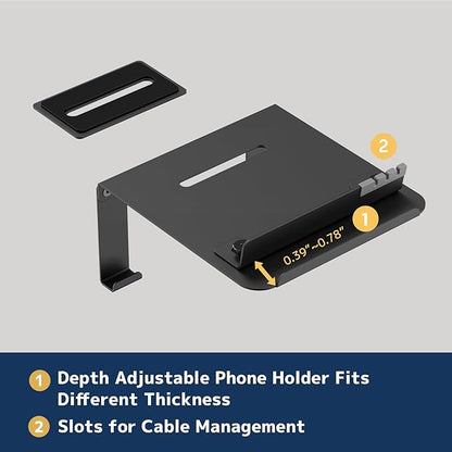 Monitor Arm Reinforcement Plate - with Phone Holder and Hook, for Thin, Glass and Other Fragile Tabletop, Compatible with Most Monitor Stand C-Clamp Installations, Anti-Slip, Black