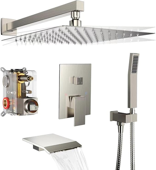 Shower System Rain Shower Faucet Set with Tub Spout,10 inch Bathroom Wall Mounted Waterfall Bathtub Faucet with Handheld Spray and Rough-in Valve Body and Trim kit,Brushed Nickel