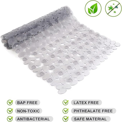 WELTRXE Non Slip Bathtub Mat 35 x 16 Inches Pebbles Shower Mats with Suction Cups, Drain Holes for Bathroom Showers, Tub, Machine Washable Bathroom Mats BPA, Latex Free Safe Tub Mats - Clear Gray