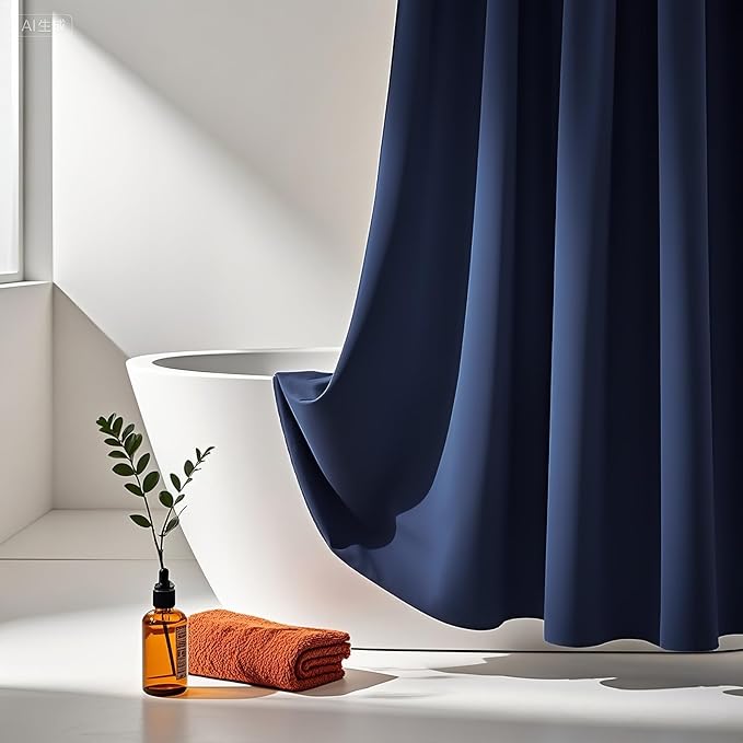 AooHome 48 Width x 72 Height inch Shower Liner, Stall Size Fabric Solid Color Bathroom Curtain with Hooks, Weighted Hem, Waterproof, Navy Blue