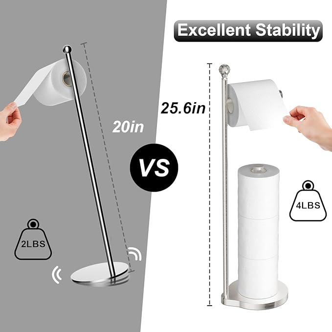 Toilet Paper Holder for Bathroom, Heavy Weighted Metal Free Standing Toilet Paper Storage with Crystal Ball, Toilet Paper Stand for Bathroom Accessories, Brushed Nickel [Holds MEGA Rolls]