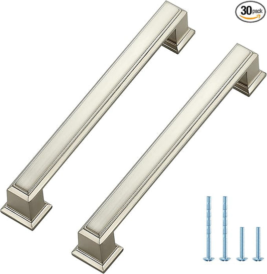 Ravinte Hardware 30 Pack Brushed Nickel Cabinet Pulls, 5 Inch (128mm) Hole Center Zinc Alloy Drawer Handles for Kitchen Cabinets, Cupboards, Dressers, Square Solid Metal Hardware