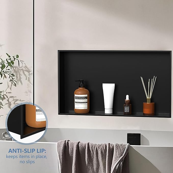 Homevacious Shower Niche 28" X 16" Stainless Steel No Tile Needed Matte Black Bathroom Shelf Rimless Recessed Wall Niche for Bathroom Storage