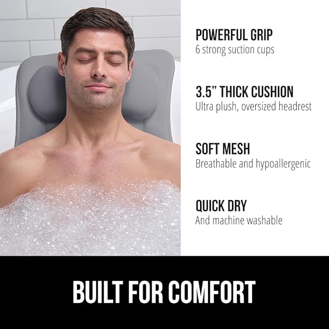 GORILLA GRIP Bath Pillow for Tub with Powerful Suction Cups, Headrest Pillows for Neck and Back Support, Machine Wash, Bathtub and Hot Tub Accessories, Relaxing Spa Gift Essentials for Women, Gray