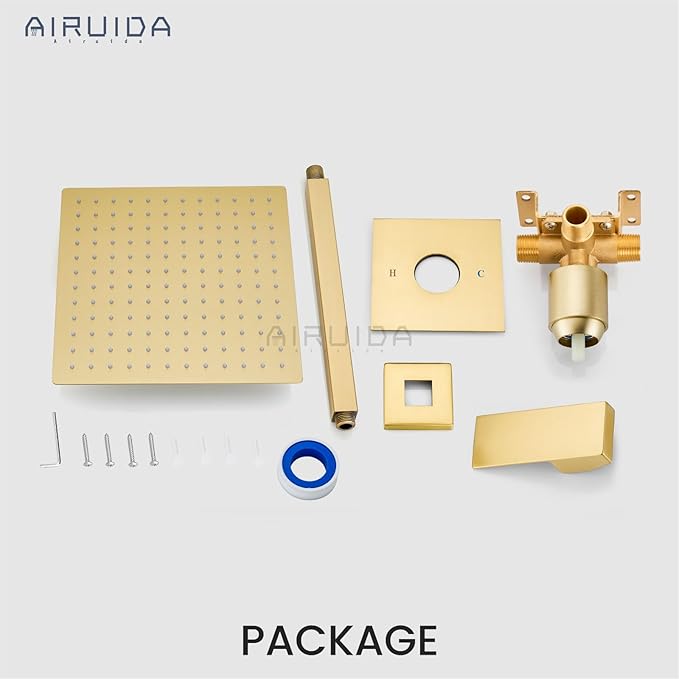 Airuida Shower Faucet Set and Handle Set Single Function Shower Trim Kit Ceiling Mount Rainfall Shower System with Male Threads and Rough-in Valve 12 Inch Square Shower Head Brushed Gold