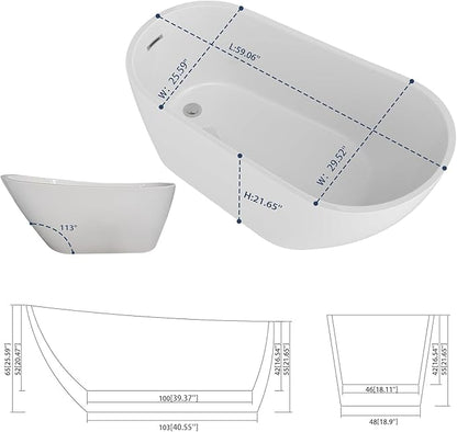 Sarlai 59 Inch Acrylic Freestanding Soaking Bathtub Contemporary Soaking White Tub Stand Alone Ergonomic Bathtub with Chrome Drain and Overflow