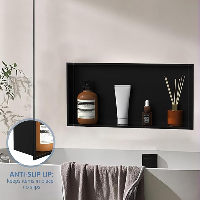 Homevacious 24" X 12" X 4" Stainless Steel Shower Niche No Tile Needed Matte Black Bathroom Shelf Rimless Recessed Wall Niche for Bathroom Storage