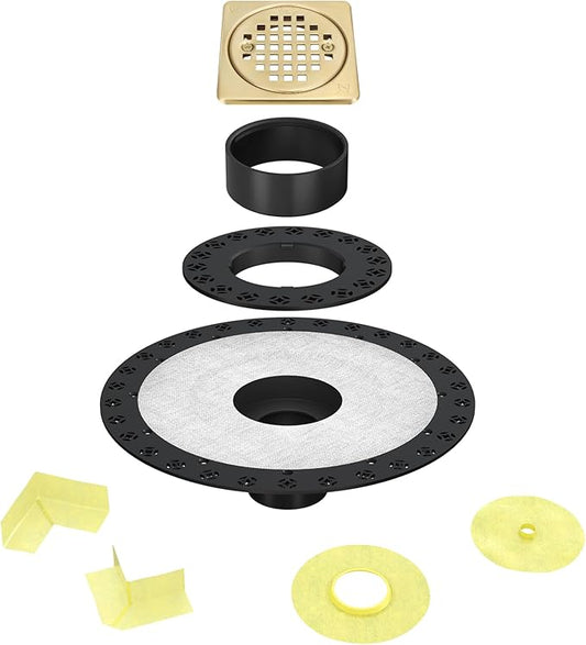 4” Drain Grate Kit - Compatible with Schluter Systems Kerdi Shower Drain - Shower Floor Drain Kit with Flange - SUS 304 Stainless Steel Grate & 2 Inch ABS Flange & CUPC Certification - Brushed Brass