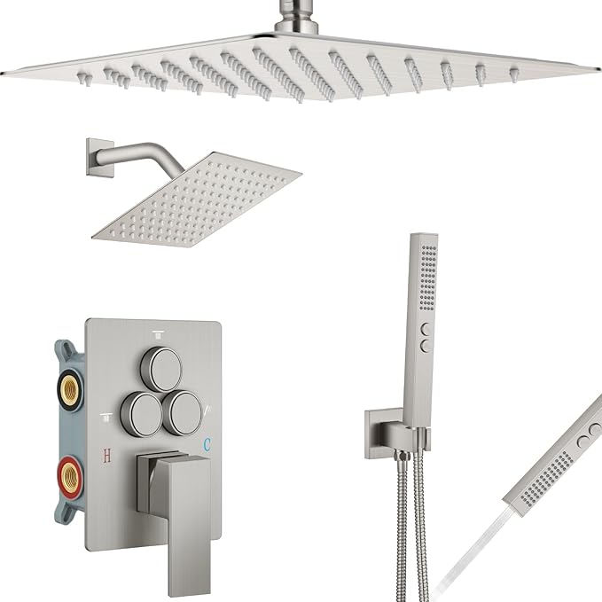 Aolemi Shower Faucet Set Ceiling Mount Shower System Rough-in Valve and Shower Trim Kit 16 and 6 Inch Dual Shower Head 2 in 1 Handheld Spray Push Button Diverter Brushed Nickel