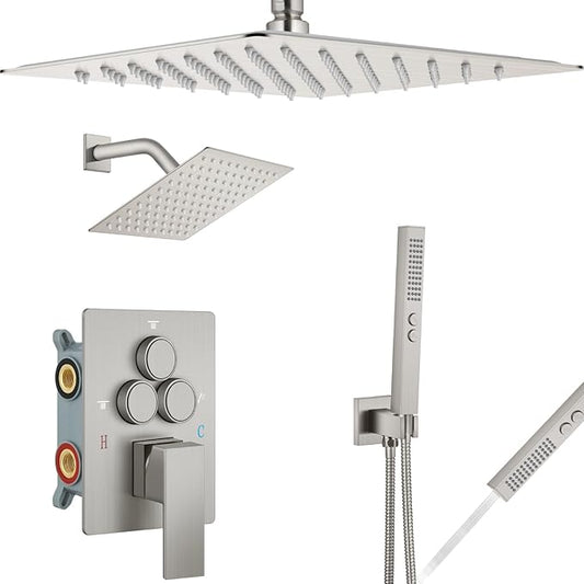 Aolemi Shower Faucet Set Ceiling Mount Shower System Rough-in Valve and Shower Trim Kit 16 and 6 Inch Dual Shower Head 2 in 1 Handheld Spray Push Button Diverter Brushed Nickel