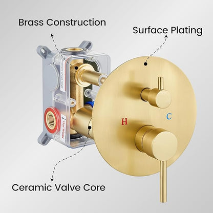 Airuida Shower Fixtures 2 Functions Shower Faucet Set Wall Mounted for Bathroom High Pressure Brass Handheld Shower with Rough-in Valve Round Rainfall 10 Inch Shower Head Brushed Gold