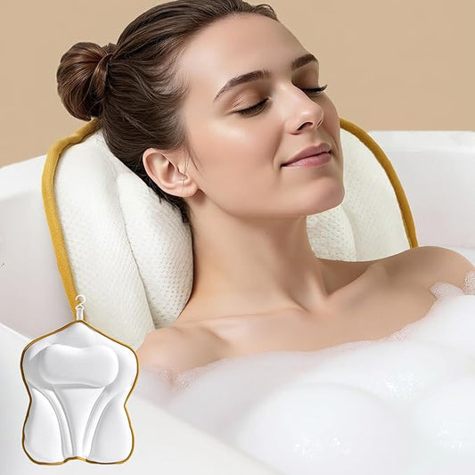 Bath Pillow PYRRHIC - Luxury Bathtub Pillow 5D Mesh with Neck & Back Support Non-Slip Suction Cups Fast Drying Soft Spa Pillow Relaxing Bath Accessories with Hook Laundry Bag White