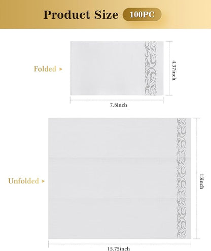 Goodluck 100 Pack 3-Ply Disposable Napkins - Soft & Absorbent Paper Hand Towels for Bathroom Guests, Dinner Party, Kitchen,Christmas， Wedding & Events, Parties - Floral Siliver Trim