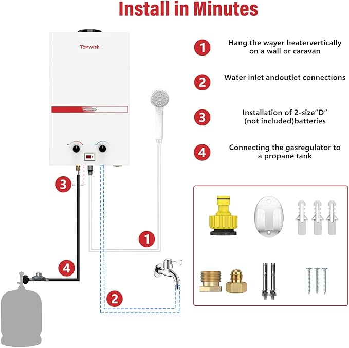 Tankless Water Heater 10L, 2.6GPM Portable Propane Camping Water Heater with Digital Display Overheating Protection, 68,100 BTU Instant Gas Hot Water Warmer for Outdoors RV Shower Cabin