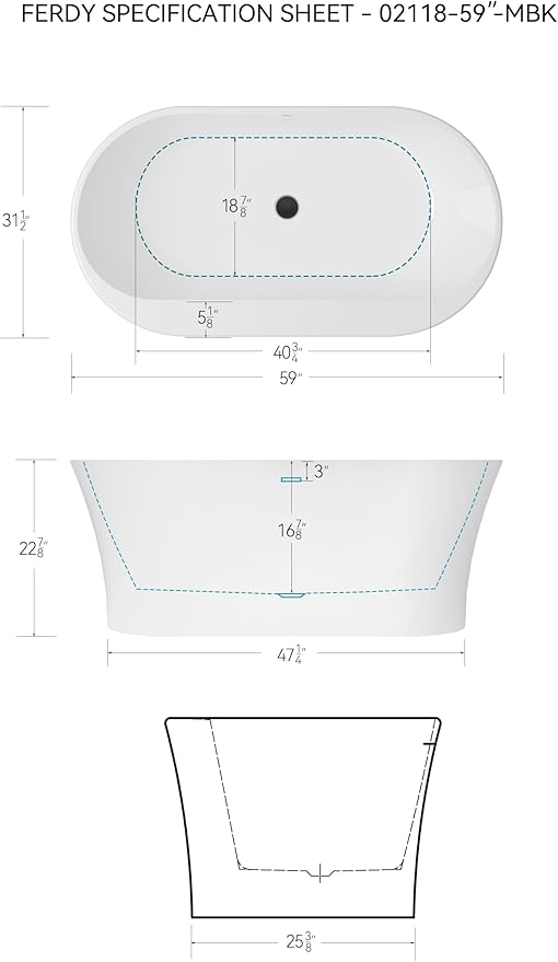 FerdY Mauritius 59" Acrylic Freestanding Tub, Oval Contemporary Soaker Tub, Extra Deep Bathtub, Matte Black Drain and Minimalist Linear Design Overflow, Modern White Bathtub, cUPC Certified
