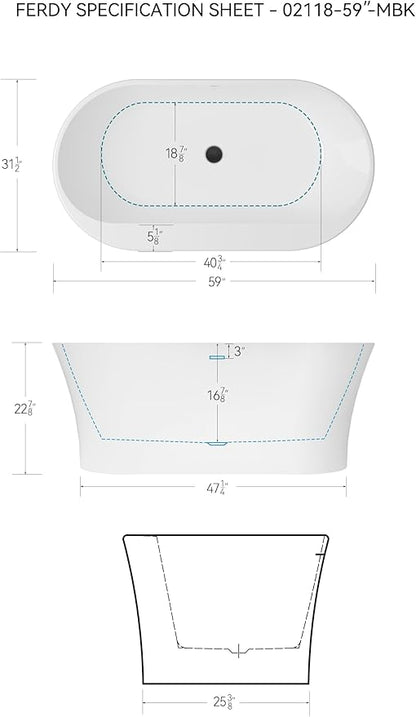 FerdY Mauritius 59" Acrylic Freestanding Tub, Oval Contemporary Soaker Tub, Extra Deep Bathtub, Matte Black Drain and Minimalist Linear Design Overflow, Modern White Bathtub, cUPC Certified