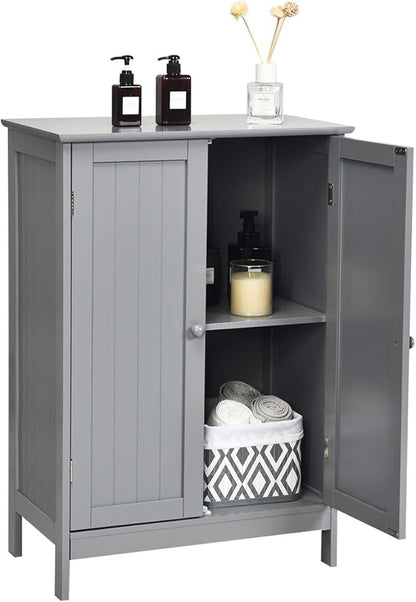 Tangkula Freestanding Storage Cabinet with Double Doors and Shelf, Modern Home Furniture, Wooden Organizer for Living Room and Bathroom, Grey
