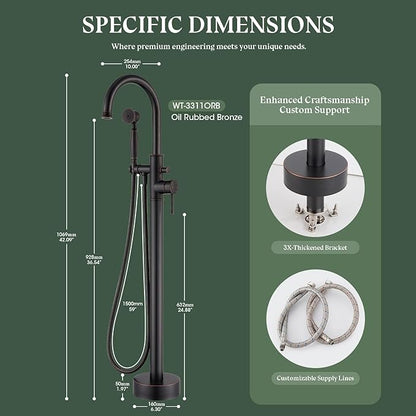 Free Standing Tub Faucet, Wintap Classic Freestanding Bathtub Faucet with Sprayer Brass Elegant Floor Mount Bath Faucets High Flow Roman Tub Filler, Oil Rubbed Bronze （WT-3311ORB）