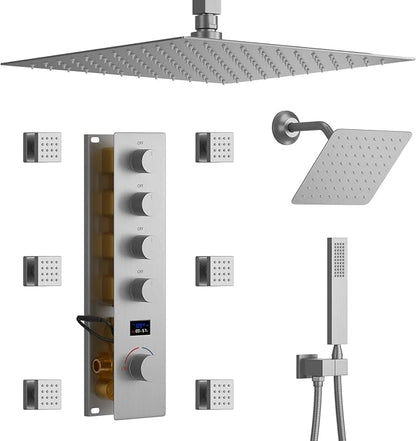 Shower System Brushed Nickel Shower Faucet Set, Digital Tempreature Display Shower Faucet with 12 inch Ceiling Mount and 8 inch Wall Mount Shower Head, with 6 PCS Body Jet, Handheld Spray