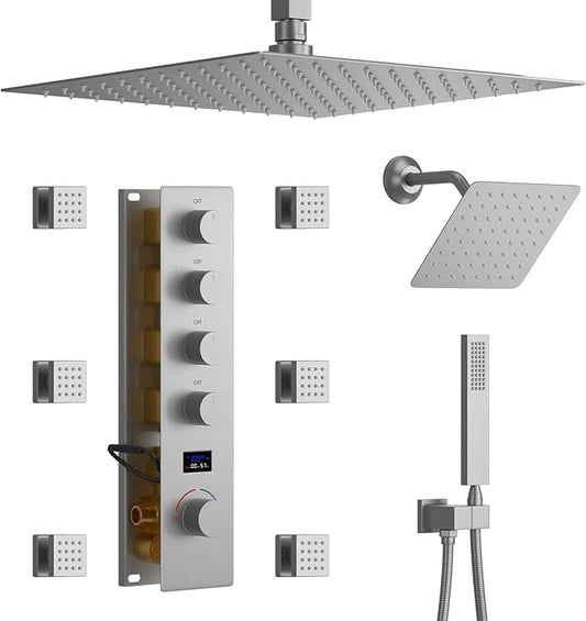 Shower System Brushed Nickel Shower Faucet Set, Digital Tempreature Display Shower Faucet with 12 inch Ceiling Mount and 8 inch Wall Mount Shower Head, with 6 PCS Body Jet, Handheld Spray