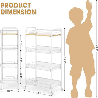 TOOLF 4-Tier Rolling Cart, Metal Utility Cart, Slide Out Storage Cart with Wooden Tabletop and Mesh Baskets, Easy Assemble Trolley for Kitchen Bathroom Laundry Room Bedroom Apartments Dormitory
