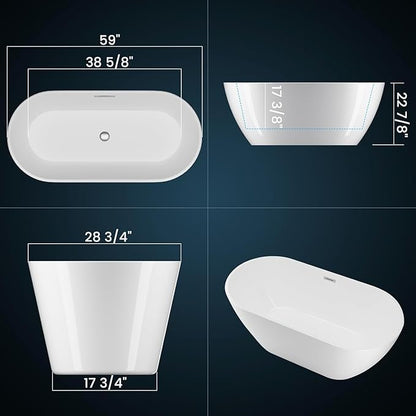 59" Free Standing Tub, Acrylic Freestanding Bathtub, Modern Soaking Tub with Integrated Overflow and Drain, White Bathroom Fixture, Stand Alone Bathtub, CUPC Certified, MB
