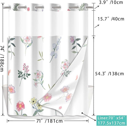 No Hook Shower Curtain Set with Snap in Fabric Liner for Bathroom,with See Through Top Window,Double Shower Curtain with Detachable Liner Replacement,Machine Washable,Simple Flowers,71"x 74"