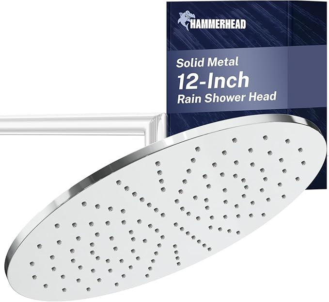 HammerHead Showers® Solid Metal 12 Inch Rainfall Shower Head, Large Rain Shower Head, 2.5 GPM High Flow Shower Head Optimized for Pressure, Wall-Mounted or Ceiling Rain Shower Head, Chrome