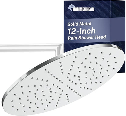 HammerHead Showers® Solid Metal 12 Inch Rainfall Shower Head, Large Rain Shower Head, 2.5 GPM High Flow Shower Head Optimized for Pressure, Wall-Mounted or Ceiling Rain Shower Head, Chrome