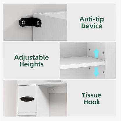 Over The Toilet Storage Cabinet with 2 Barn Door and Toilet Paper Holder Stand, Adjustable Shelf, Freestanding Organizer for Bathroom, or Laundry Room, White