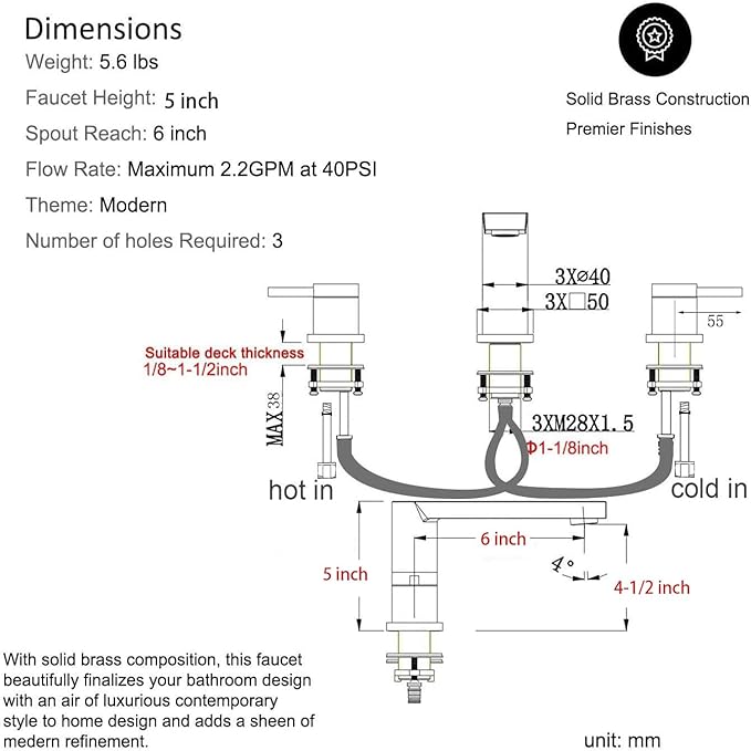 Luxury Brass Widespread Bathroom Sink Faucets with Copper Valve for 3 Hole 2-Handle 8 Inch Deck Bathroom Vanity Faucet, &Stainless Steel Pop-up Drain Assembly, Chrome