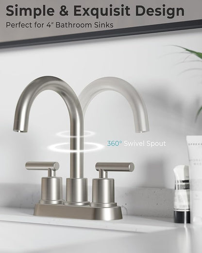 VXV Bathroom Sink Faucet 4 Inch 2 Handle Centerset Modern 360 Rotating Brushed Nickel Water Faucet with Pop-up Drain Stopper Assembly Supply Line Fits 2 Hole