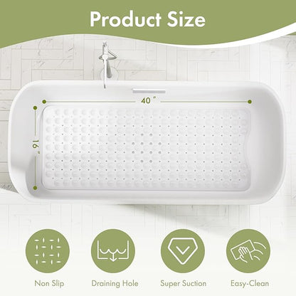 AmazerBath Shower Mat Non Slip 40 x 16 Inches, Shower Stall Mats with Suction Cups and Drain Holes, Non Slip Bath Mat for Tub for Elderly & Kids, White