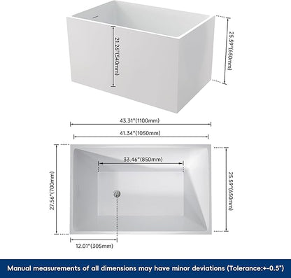 43" Acrylic Freestanding Bathtubs, Stand Alone Tub, Japanese Soaking Tub for Bathroom, Integrated Overflow and Drain, cUPC Certified, Gloss White