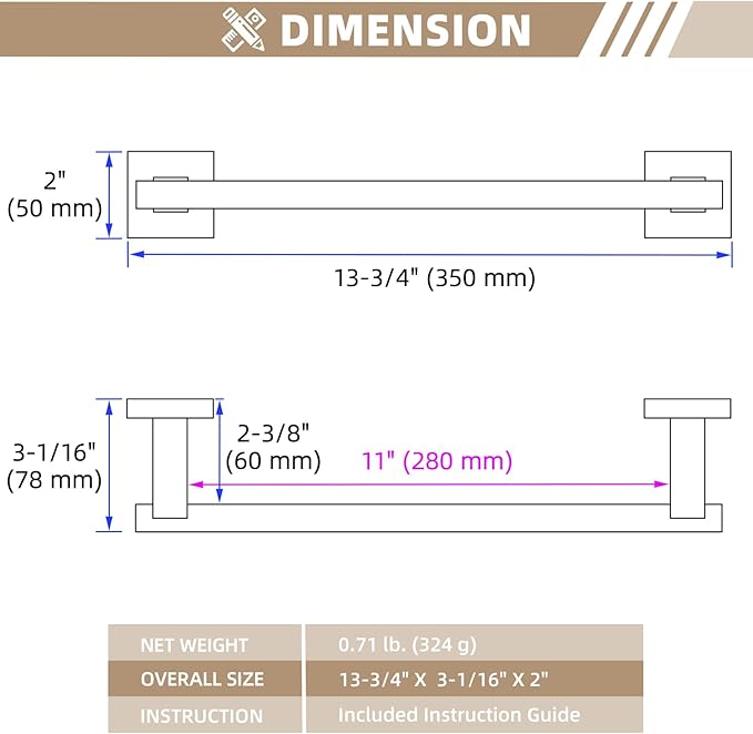 Suyar Bathroom Towel Holder Brushed Nickel, SUS 304 Stainless Steel Hand Towel Bar for Wall, 13.78 Inch