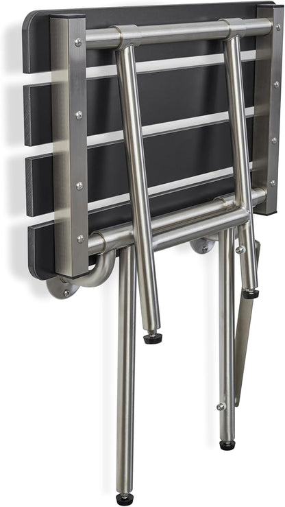 28-inch x 15-inch ADA Bariatric Folding Wall Mount Bathroom Shower Seat Bench with Legs, Black Slatted Phenolic Seat