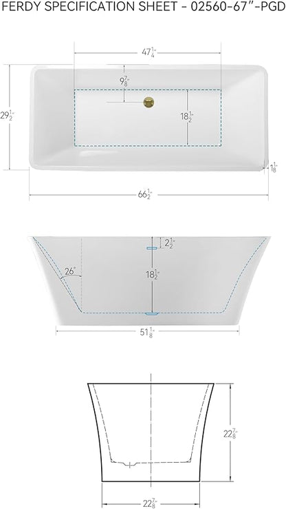 FerdY Sentosa 67" Acrylic Freestanding Bathtub, Contemporary Design Soaking Tub with Polished Gold Drain and Minimalist Linear Design Overflow, Easy to Install, 02560