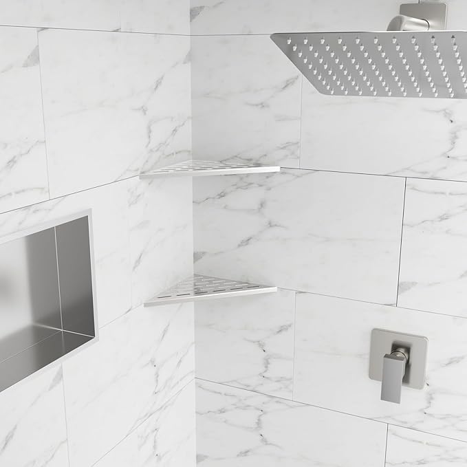 POPFLY 10" Silver Stainless Steel Corner Shower Shelf 2PCS, 304 SS Recessed Bathroom Shelves for Tile Walls, No Drilling Needed, Floating Shower Caddy with Drainage Slots, PF7501L