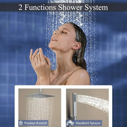 16 Inch Brushed Nickel Ceiling Mount Shower System Bathroom Luxury Rain Mixer Shower Combo Set Ceiling Rainfall Shower Head System Faucet Contain Rough-in Valve and Trim Included