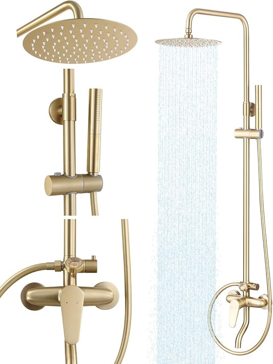 Outdoor Shower Fixture,3 Functions Handle Tub Rainfall Shower Faucet Sets with Dial Thermometer Brass Valve, Exposed Shower System with 10'' Rainfall Shower Head Adjustable (Brushed Gold)