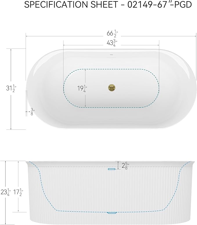 FerdY Nami 67" Acrylic Freestanding Bathtub, V Shape Freestanding Soaking Acrylic Bathtub, Modern White, cUPC Certified, Polished Gold Pop-Up Drain
