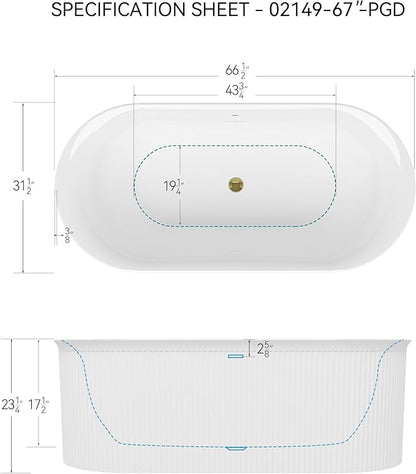 FerdY Nami 67" Acrylic Freestanding Bathtub, V Shape Freestanding Soaking Acrylic Bathtub, Modern White, cUPC Certified, Polished Gold Pop-Up Drain