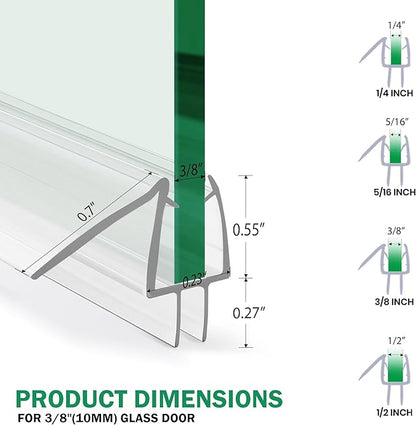 Shower Door Bottom Seal with Sweep 2Pack, 39"(990mm) Length PVC Clear Strips for 3/8"(10mm) Thick Frameless Glass Door, to Stop Water Leaking