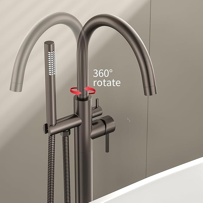 Freestanding Bathtub FaucetFloor Mount Bathtub Filler Shower Mixer Faucet with Handheld Shower Sprayer Swivel, Bottom Inlet，Grey