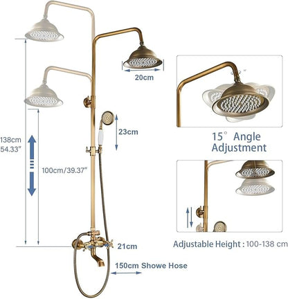 Antique Brass Shower System Bathroom Shower Faucet Set with 8 Inch Shower Head Handheld Spray and 360 ° Rotation Tub Spout 2 Cross Handles Outdoor Shower Fixtures