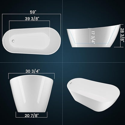 59'' Deep Soaking Acrylic Freestanding Bathtub, Modern White Tub for Bathrooms with Non-Slip Base, Chrome Drain, cUPC Certified Free Standing Bath Tub