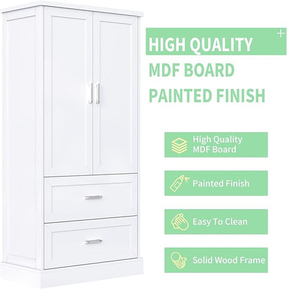 Merax 64" H Storage Cabinet with Drawers and Door Racks, Tall Freestanding Bookshelf Pantry Space Saver for Bathroom or Kitchen, Adjustable Shelf, White