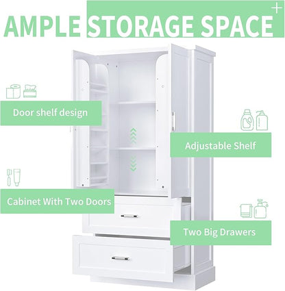 Merax 64" H Storage Cabinet with Drawers and Door Racks, Tall Freestanding Bookshelf Pantry Space Saver for Bathroom or Kitchen, Adjustable Shelf, White