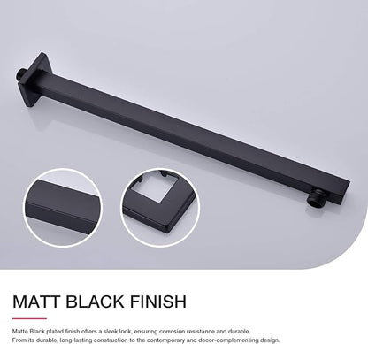 Matte Black Shower Arm with Flange 16 Inch Wall Mounted Extension Arm for Bathroom Rainfall Shower Head, Stainless Steel, Square Shaped