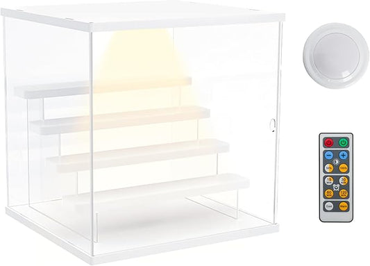 Choowin 5 Tier Clear Acrylic Lighted Display Case for Collectibles, Mini Figures, Pop Mart, Labubu, Sonny Angel, Smiski - Assemble Dustproof Display Box with Door, Stand (White Top Base, Clear Step)